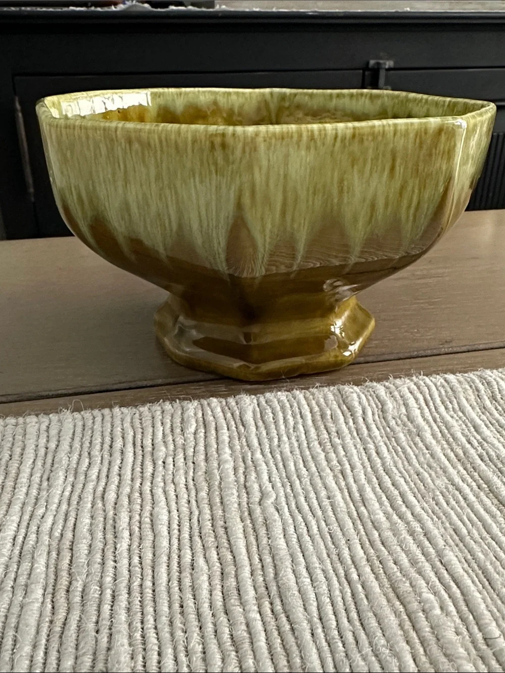 Vintage Olive Green Drip-Glazed Pedestal Vase